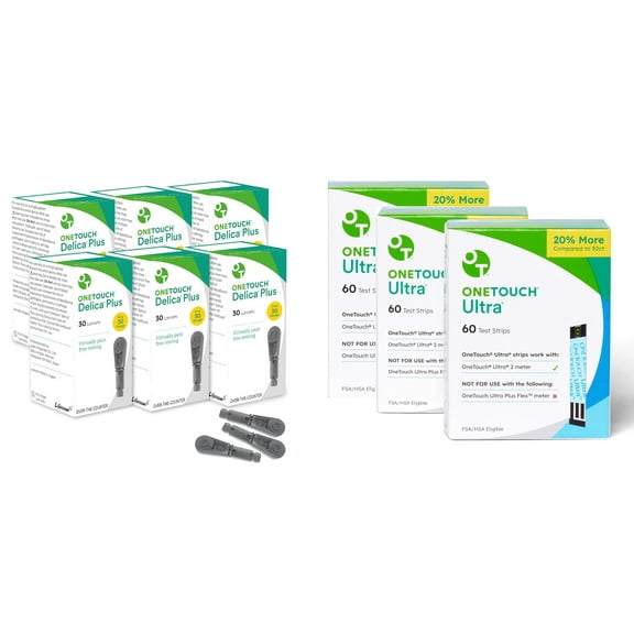 OneTouch Delica Plus Lancets & OneTouch Ultra Test Strips Bundle - Includes 180 Test Strips & 180 Lancets - Fine 30-Gauge - for Diabetes Testing - Diabetic Supplies for Blood Sugar Monitor