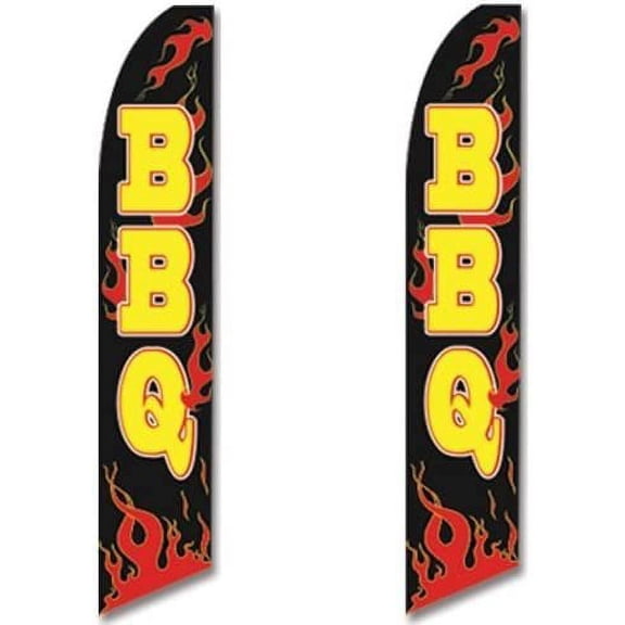 2 two Pack Tall Swooper Flags Black with Red Flames & Yellow Text BBQ