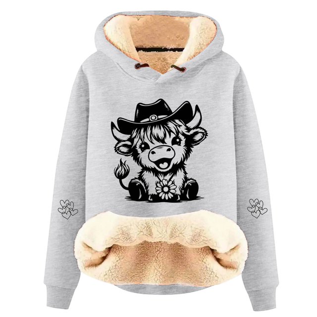Chandail en Molleton Grande Taille, Chandail à Capuchon Confortable avec Imprimé Vache Mignon, Chandail Décontracté à Manches Longues pour le Confort de la Mode, Chandail en Molleton Col Rond pour Femmes, Taille:TTG