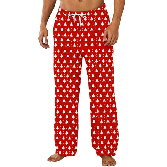 qelini Lounge Pants for Men Graphic Elastic Waist Drawstring Pants Xmas Tree Print Pants Lightweight Cozy Trousers