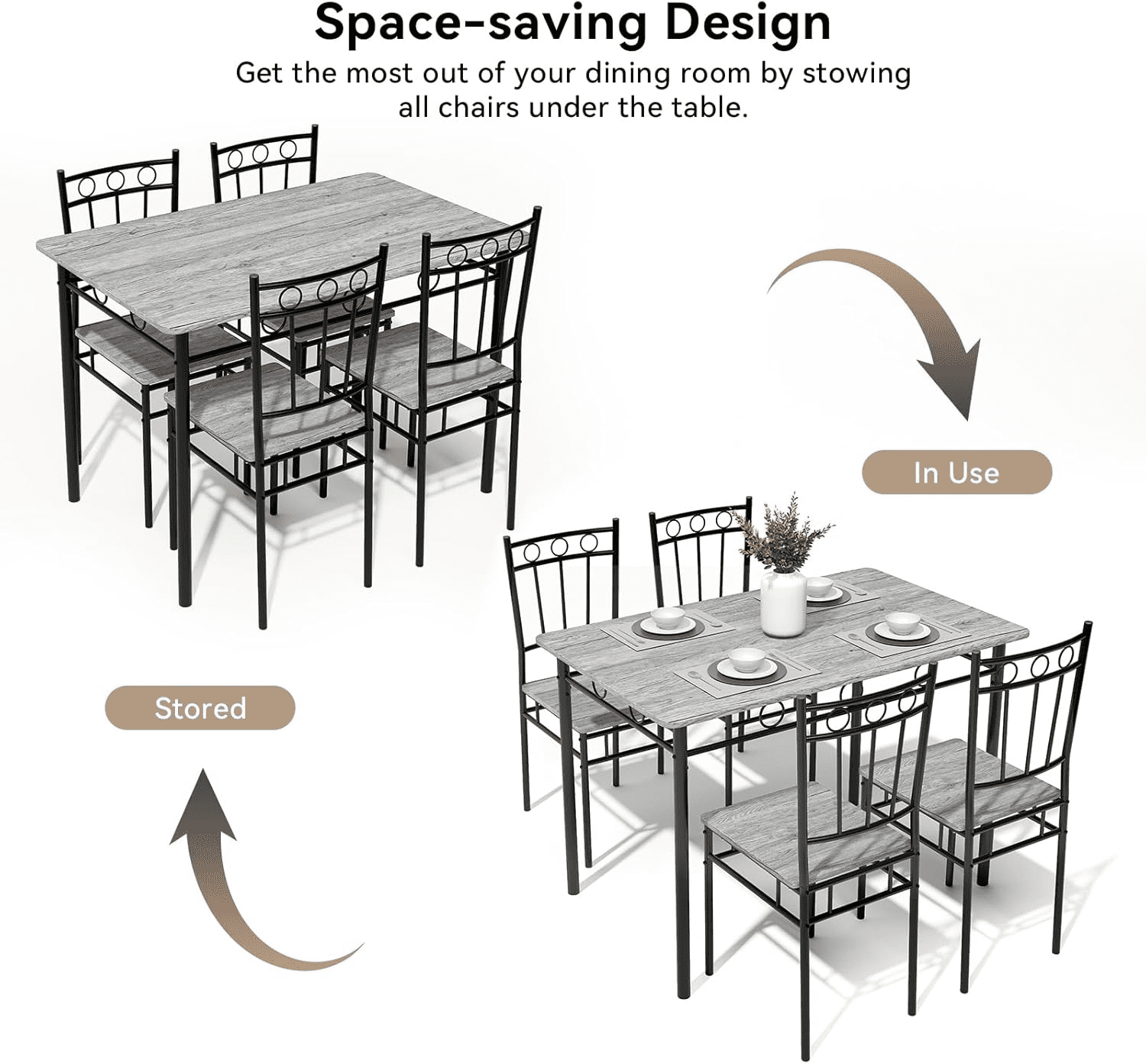 Vipbear 5-Piece Kitchen Table and Chairs, Rectangular Dining Room Table Set with 4 Chairs, Space-Saving Kitchen Table Set for Small Space,Dinette,Apartment