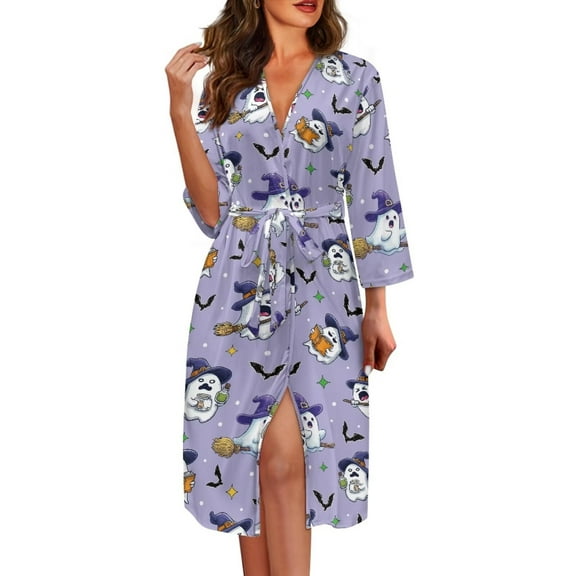 Yuyamidu Cute Ghost Women's Long Robes Bat V-Neck Bathrobes Halloween Long Sleeve Robe Size S Ladies Sleepwear Nightgown Purple Dressing Gown with Waist Belt