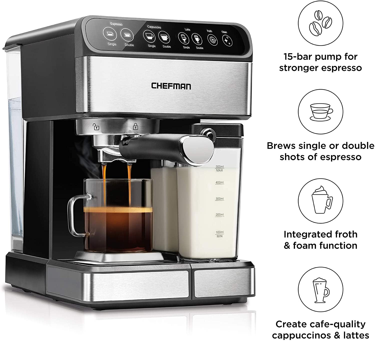 Chefman 6-in-1 Espresso Machine Powerful 15-Bar Pump, Brew Single or Double  Shot, Built-In Milk Froth for Cappuccino \u0026 Latte Coffee, XL 1.8 Liter Water  Reservoir, Dishwasher-Safe Parts,Stainless Steel - Walmart.com