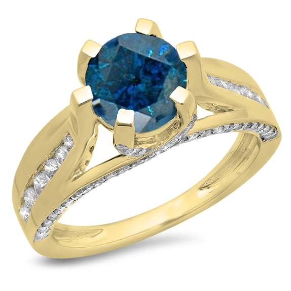 2.80 Carat (ctw) 14K Yellow Gold Round Cut Blue & White Diamond Ladies Solitaire With Accents Bridal Engagement Ring