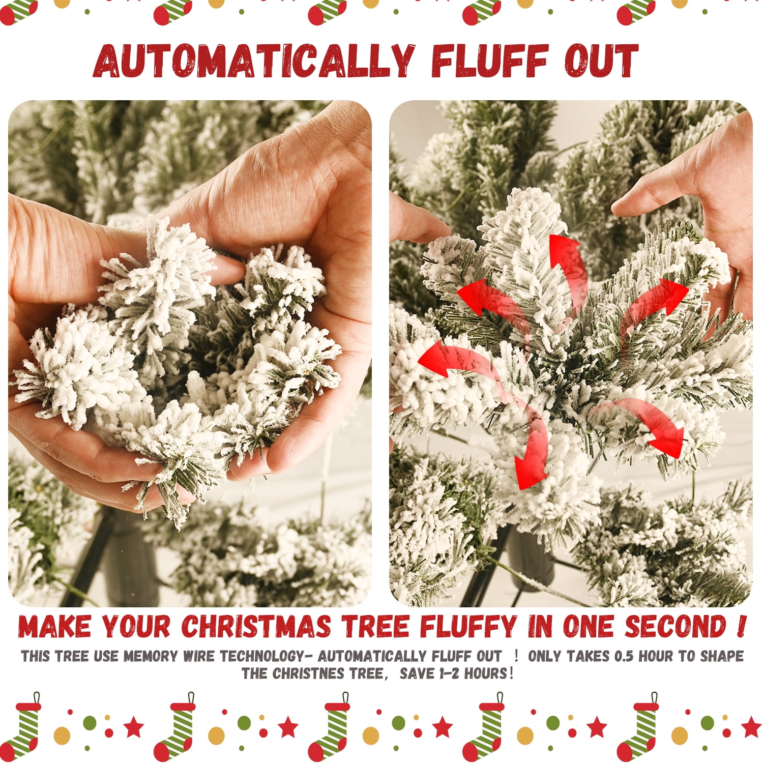 Euroco 8ft Flocked Pre-Lit Christmas Tree with 500 UL Warm White Lights, 1460 PVC Tips, Auto-Unfold Memory Wire, Easy Assembly & Stable Metal Stand – Snowy Holiday Decor