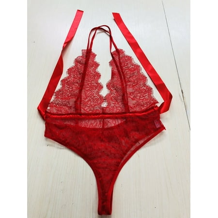 

Clearance! Women Sexy Lingerie Halter Backless Deep V Elastic One Piece Lace Bodysuit Babydoll Outfits Teddy S-Xxl