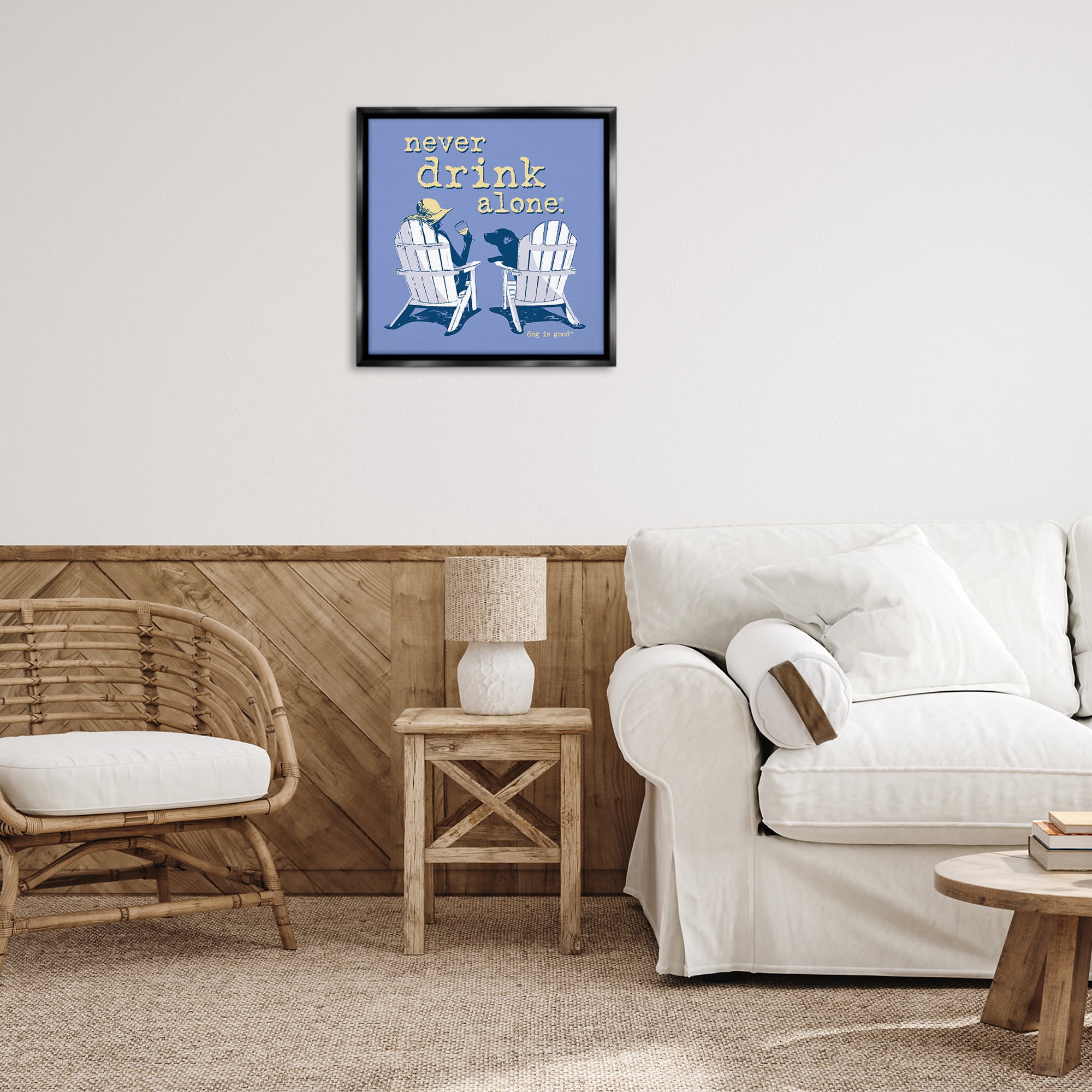 Stupell Industries Girl & Dog Drink Alone Animals Painting Black Floater Framed Canvas Art Print Wall Art, 25 x 25