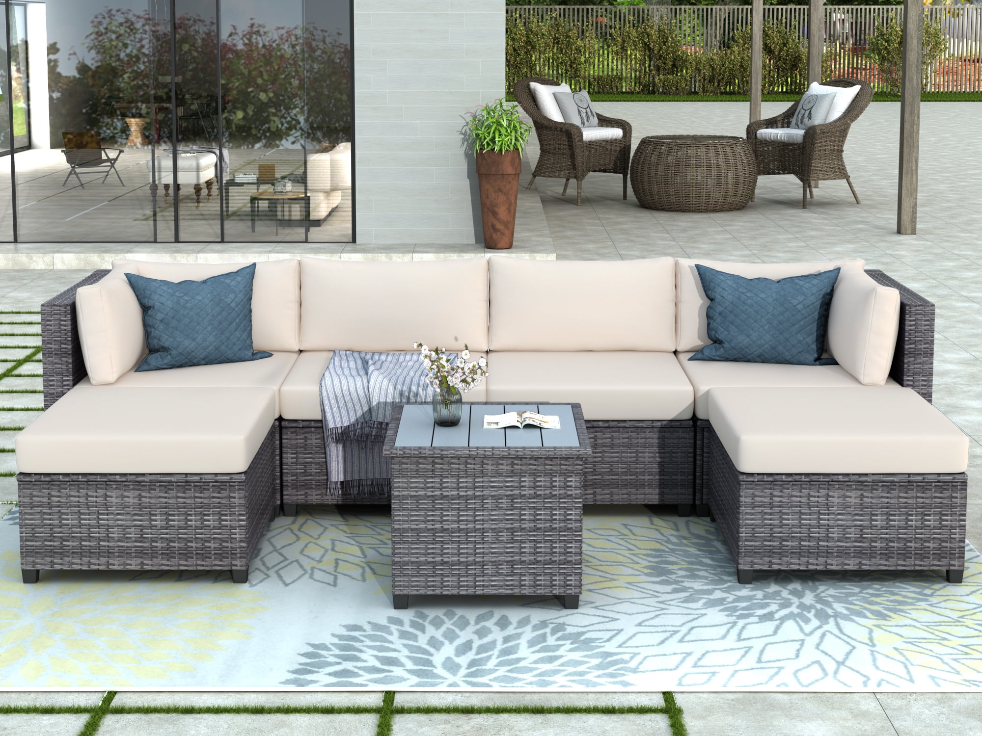 7 Piece Rattan Sectional Seating Group with Cushions, Outdoor Ratten