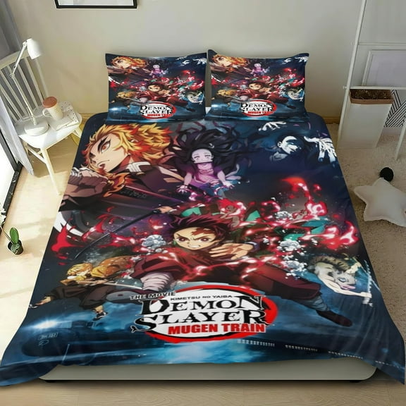 Demon Slayer: Kimetsu no Yaiba thin bedding set has an iconic print,One duvet cover and two pillowcases.35" x 75"（90*190cm）