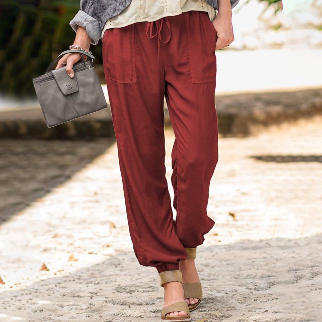 IDALL Linen Pants Women Lounge Pants Women Womens Drawstring Pants Casual Linen Straight Leg Pants Summer Flowy Pants For 2024 Solid Color Flowy Pants For Loose Flowy Pants Baggy Pants Red L