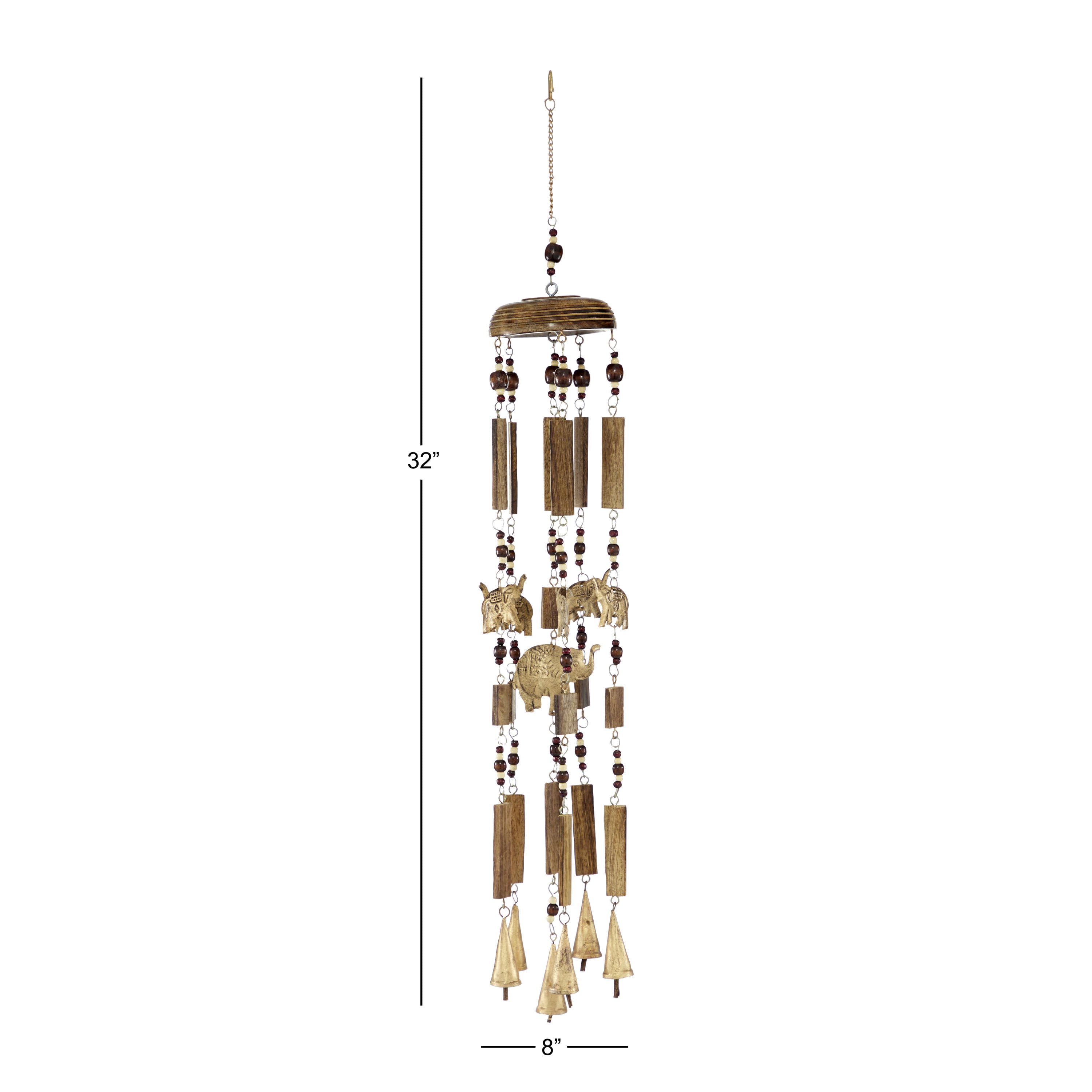 DecMode 32" Brown Wood Elephant Windchime with Beads and Cone Bells