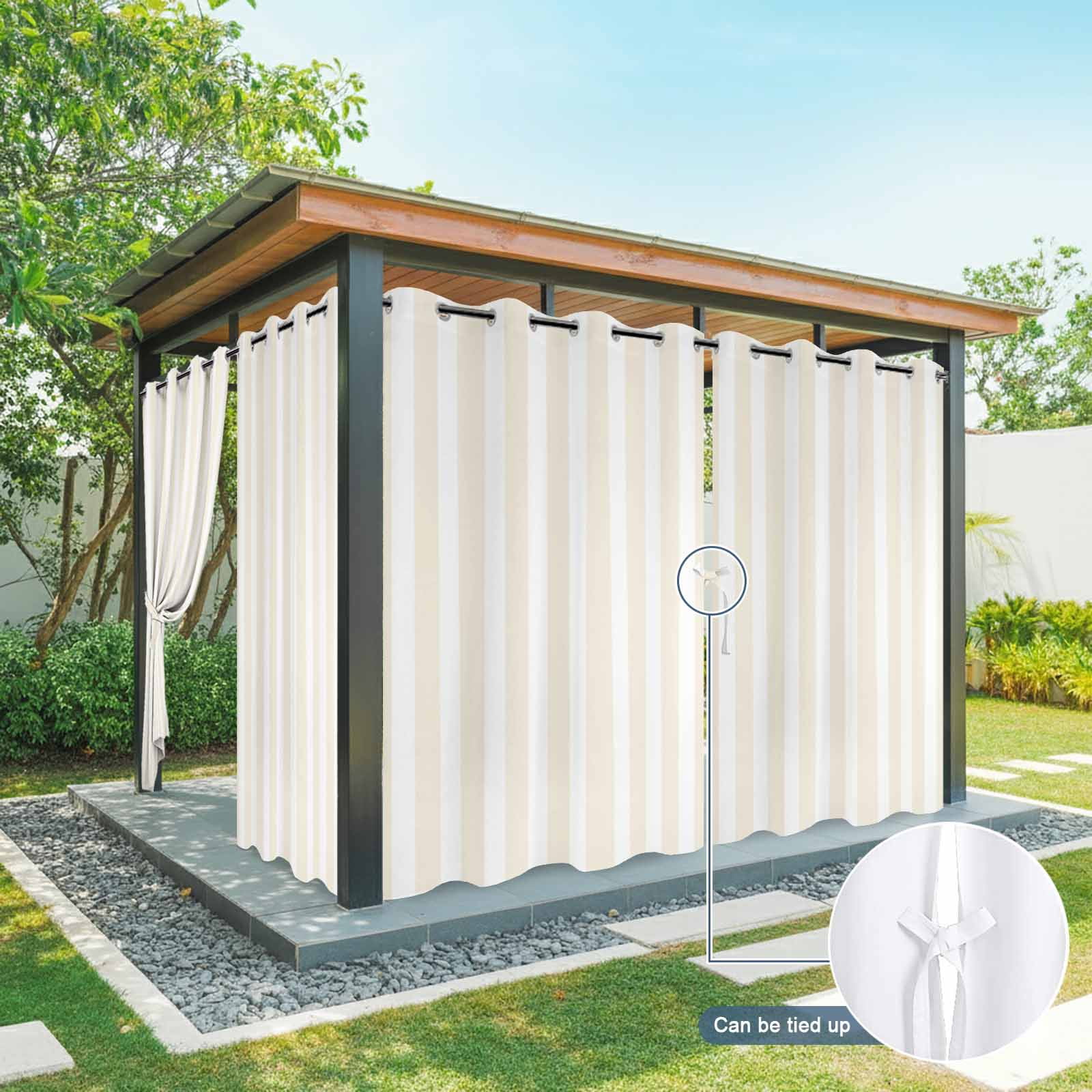 Cream and Outdoor Curtains for Patio Waterproof, White Striped Geometric Grommet Curtains for Porch Outside Privacy Drape for Gazebo Garden Pergola, 2 Panels, 54x108in