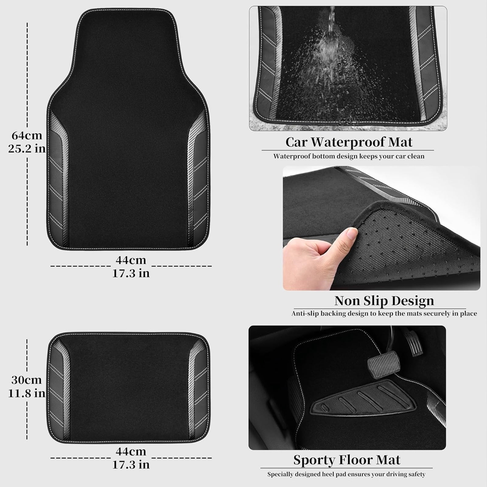 CAR GRAND Leather Steering Wheel Cover and Waterproof Carpet Car Floor Mats,Universal Fit Combo Pack Sedan,SUV,Cars, 14.5" to 15" Sporty Anti-Slip Black