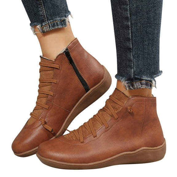 Chenyee Ankle Boots for Women Lace Up Side Zipper Vintage Flat Short Booties Comfortable Walking Shoes