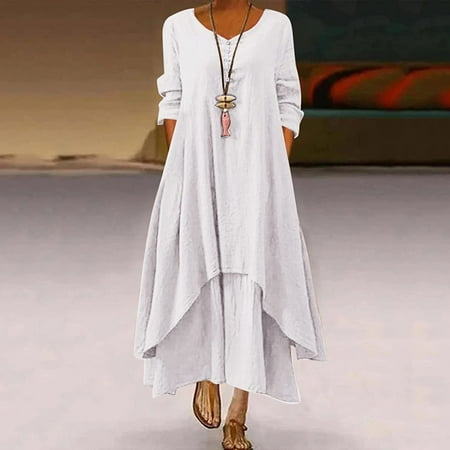 

Jsaierl Womens Cotton Linen Dresses Summer Casual Short Sleeve Maxi Dress Cute Solid Color Crewneck Dress Vacation Trendy Buttons Dresses 2023