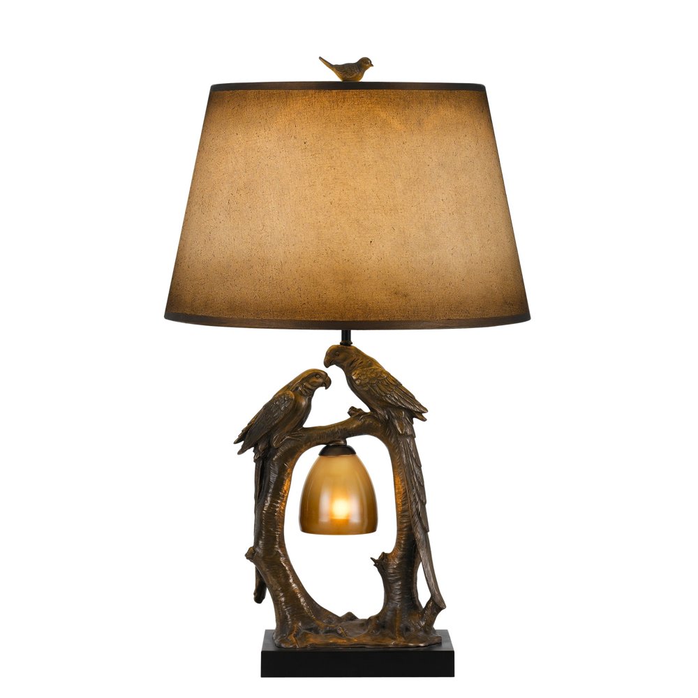 Paper Shade Table Lamp with Birds and Branches Base, Antique Bronze