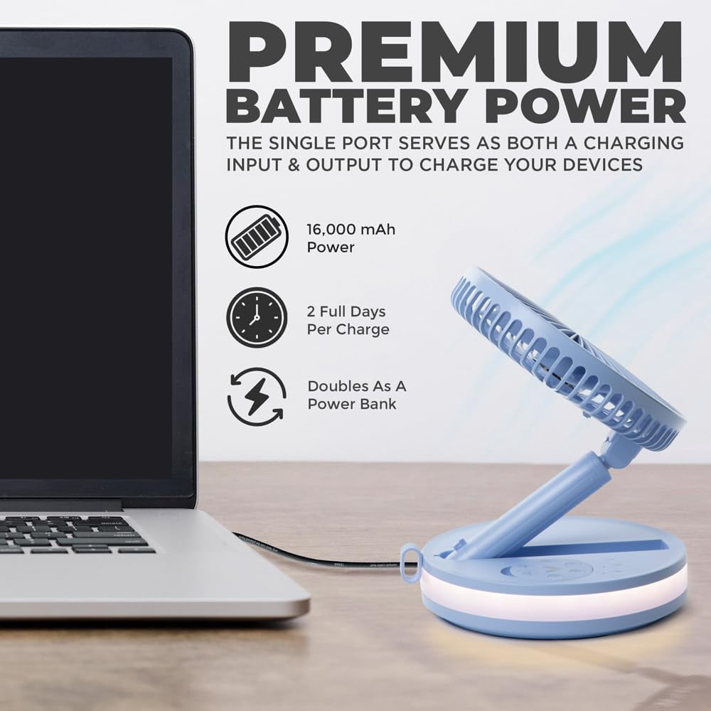 VENTY Portable Fan - Wireless Battery Operated Fan, 48HR Run Time 16000MAH Oscillating Rechargeable Fan, Remote Control & LED Lighting, Folding Telescopic Camping Fan (Blue with Case)
