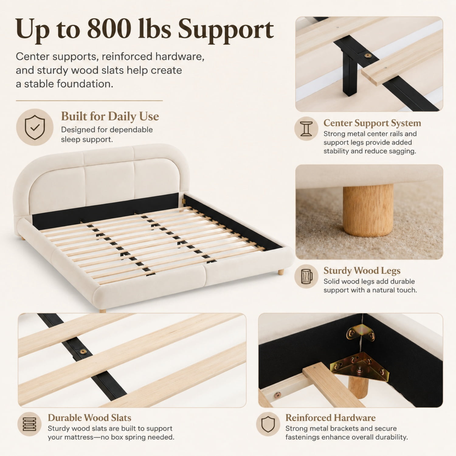 Miniyam King Size Velvet Upholstered Bed Frame with Curved Headboard, Platform Bed with Wood Slats, No Box Spring Needed, Beige