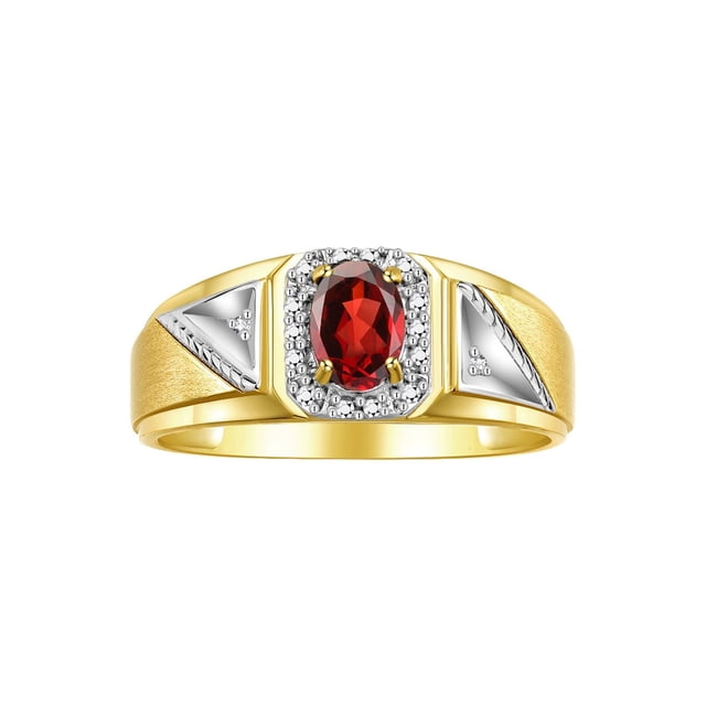 RYLOS Men's Rings 14K Yellow Gold Classic 7X5MM Oval Gemstone & Diamond Ring Garnet January Birthstone Rings For Men Size 8
