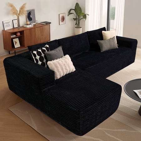 XIZZI 106" L-Shaped Sofa Set, No Assembly Required Sectional Sofa w/ 28" Seat Depth, Ergonomic Spring + Foam Support, Left Chaise, Black(Plush Fabric)