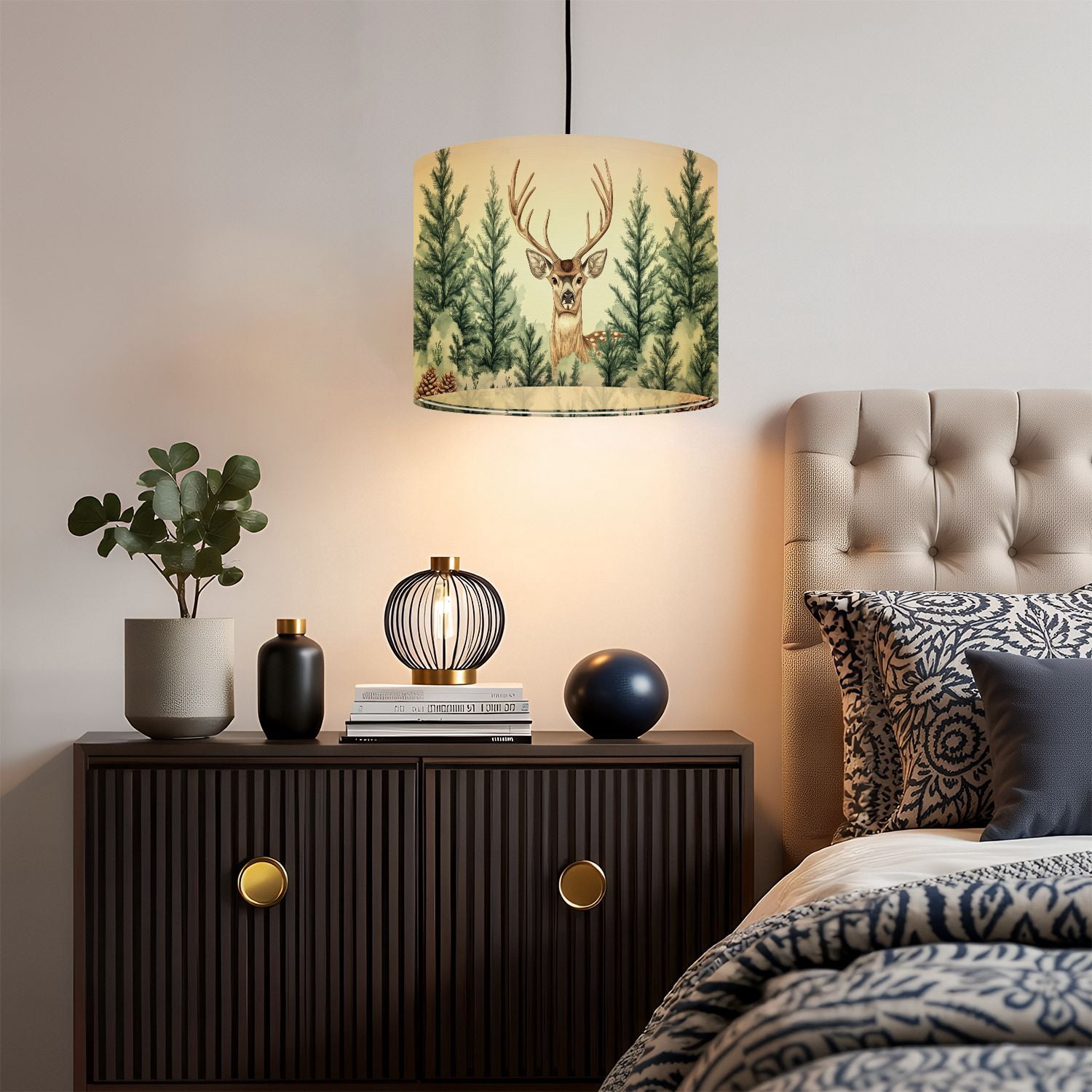 Linen Drum Lampshades Deer Abstract Wild Deer Surrounded By Trees Forest Modern Antlers Pine 13"x13"x10" Light Shade for Table Lamps Floor Lamp Shades Lampshade Replacement Assembly Required