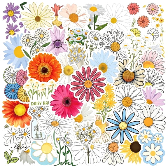 CCOCC 55Pcs Cute Daisy Flower Aesthetic Stickers Beautiful Plants Vinyl Waterproof Flower Stickers for Water Bottles Laptop Luggage Journaling,Party Rewards Decals for Kids Adults Gifts(Daisy)
