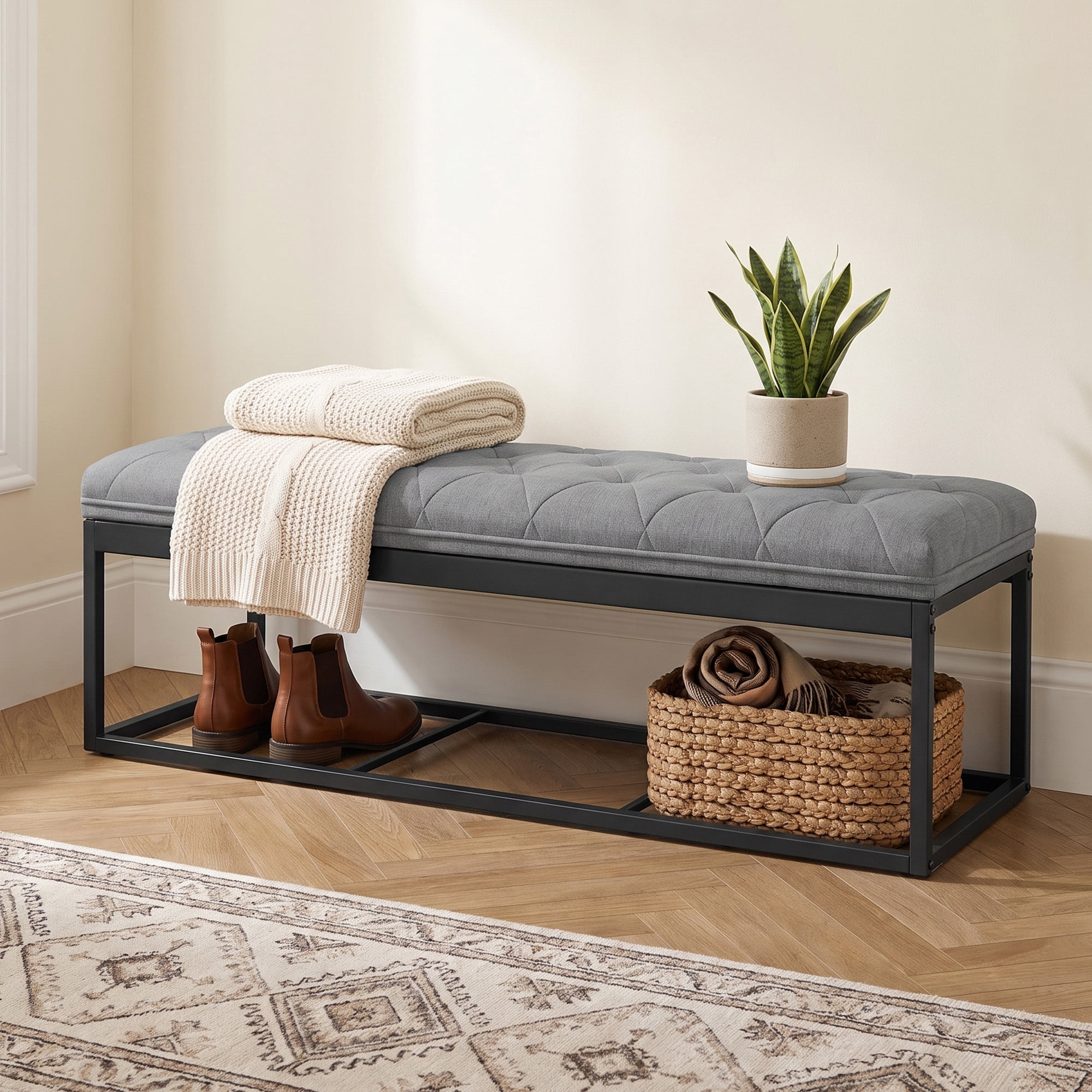 Ledrem Large Storage Ottoman Bench, End of Bed Bench with Tufted Linen-Look Fabric, Light Gray