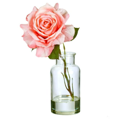 Artificial Pink Rose Stem in Glass Illusion Vase by OakRidge?, Floral Centerpiece Gift, 13? High x 3 ¼? Diameter