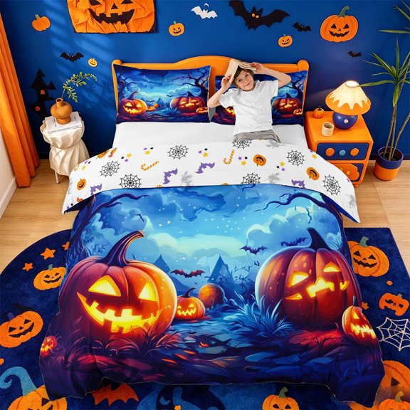 Homewish Magical Halloween Pumpkin Bedding,Bat Night Sky Print Duvet Cover Full,Deep Blue Orange,Halloween Reversible,3 Pieces,1 Duvet Cover and 2 Pillowcases