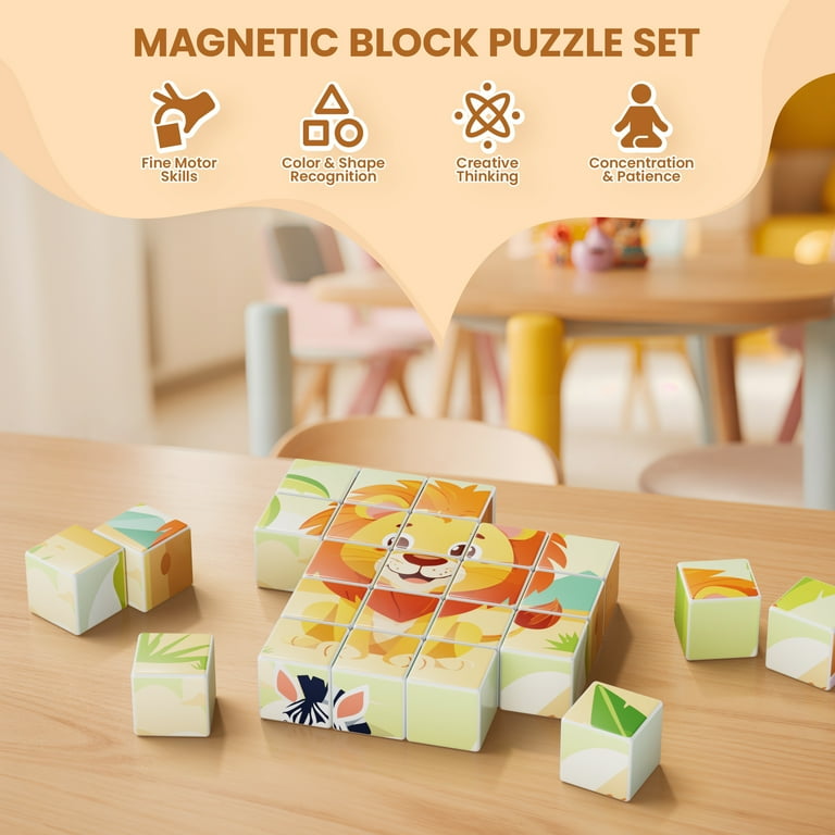 Contixo Magnetic Building Blocks Set, 6 Jungle Animal Scenes