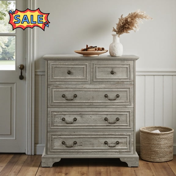 Tcbosik 5 Drawer Dresser for Bedroom, Chest of Drawers, Storage Organizer for Living Room, Entryway, Hallway, Ancient Oak