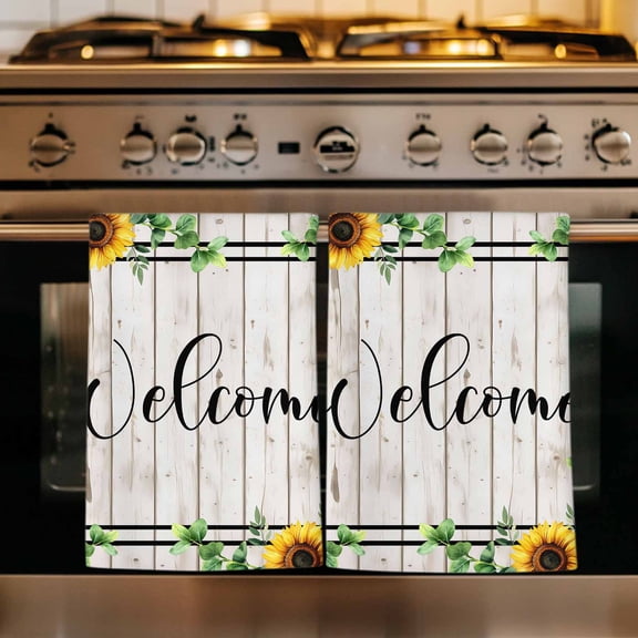 Yellow Sunflowers Kitchen Towels Set of 1, Botanical Floral Leaves Wooden Grain Absorbent Dish Towels for Kitchen, Microfiber Hand Towel, Quick Drying Tea Towel for Cleaning Decorative Dishcloths