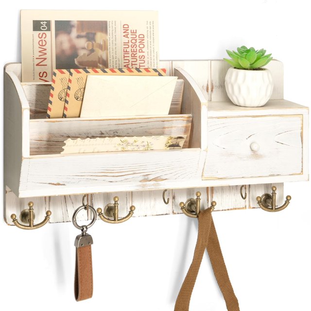 Key Holder Wall Mount Mail Organizer Wall Mount with Storage Hooks and Drawer for Modern Farmhouse Decor Mail Organizer Wall Mounted for Rustic Apartment Essentials ()