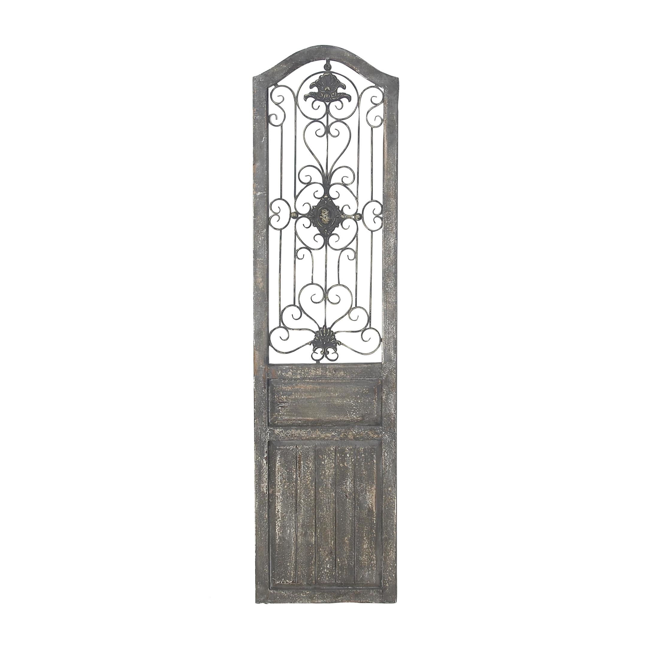 DecMode Brown Wood Distressed Door Panel Scroll Wall Decor with Metal Wire Details