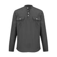 thumbnail image 5 of OHMZYZO Mens Henley Shirts Long Sleeve Button Down T-Shirt Casual Stand Collar Cotton Linen Work Tops with 2 Pockets Dark Gray L, 5 of 8