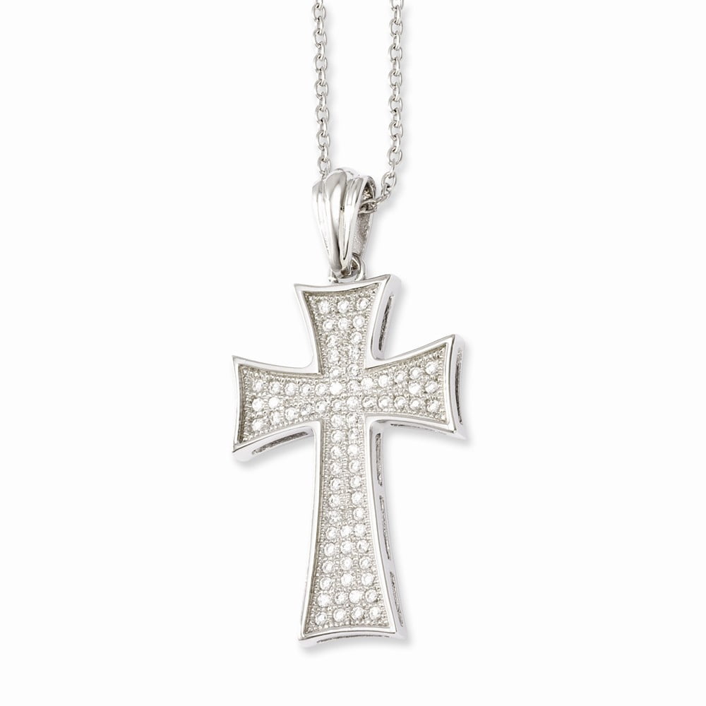 Sterling Silver & Cz Brilliant Embers Polished Cross Necklace 