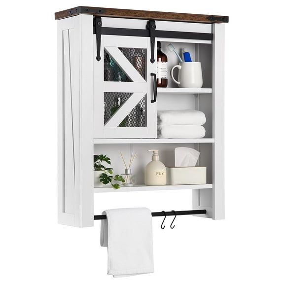 Huisuilinss Bathroom Wall Cabinet,Farmhouse Medicine Cabinet With Sliding Barn Door,3-Tier Storage Cabinet,Over The Toilet Storage With Towels Bar & Hooks For Bathroom Laundry Kitchen,Wall Mounted