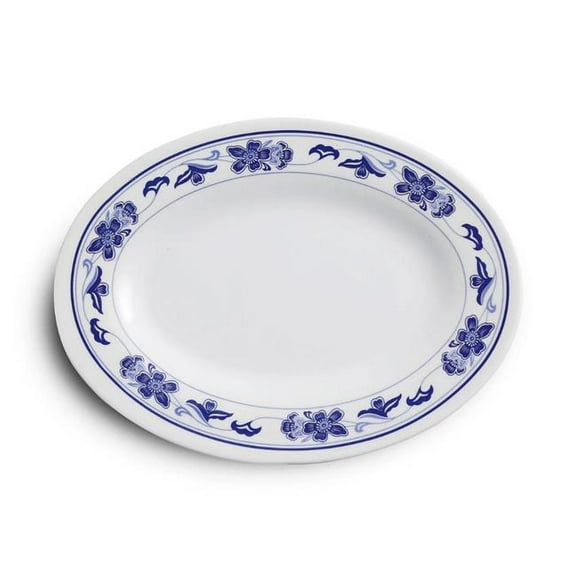 Yanco PO-2010 Peony Melamine 10 in. Oval Plate - White & Blue
