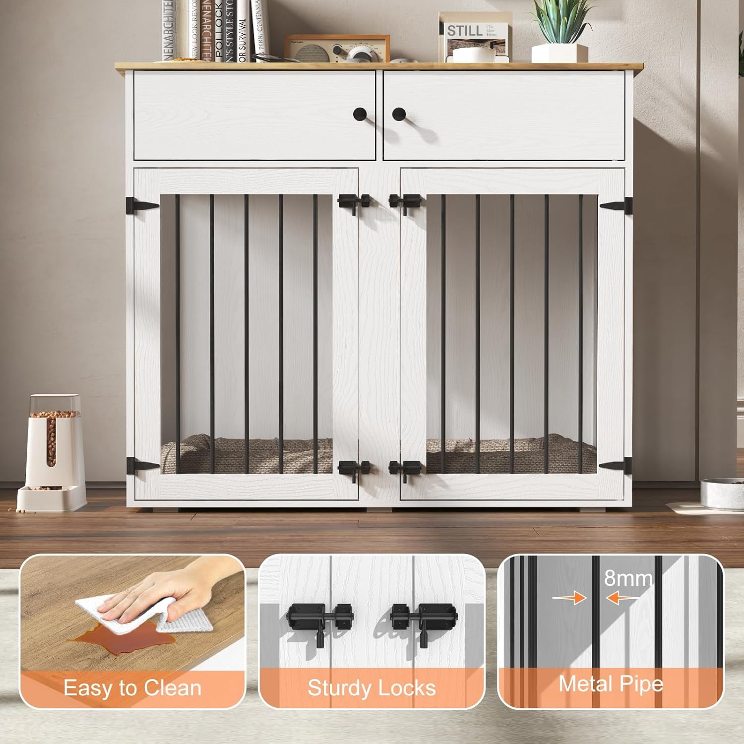 TIMHAKA Dog Crate Furniture w/ 2 Drawers, 41’’ Wooden Indoor Dog Cage w/ Divider, Double Doors, White