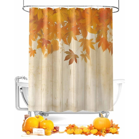 Fall Shower Curtain Maple Leaves Bathroom Curtains with Hooks, Waterproof Fabric Wood Grain Thanksgiving Bath Shower Curtains Set for Bathroom Bathtubs Decor 72x72 Inch