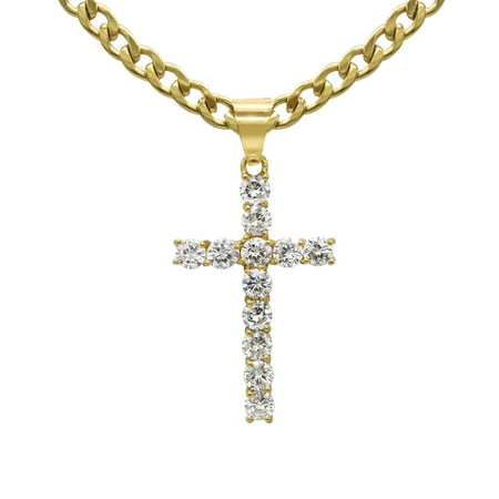 Cross Cubic Zirconia Pendant Cuban Link Chain Necklace Set 14K Gold ...