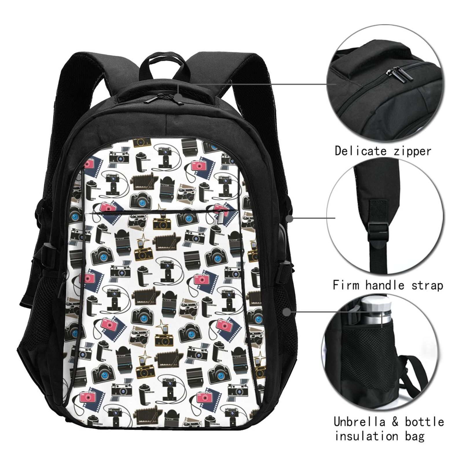 Vsdgher Cool Camera Print Travel Laptop Backpack, Laptops Backpack with USB Charging Port, Water Resistant Computer Bag Gift for Men & Women