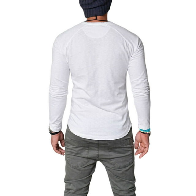 MAWCLOS Men Summer Tops Solid Color Blouse Plain T Shirts Basic Sport Long Sleeve T-shirt White S