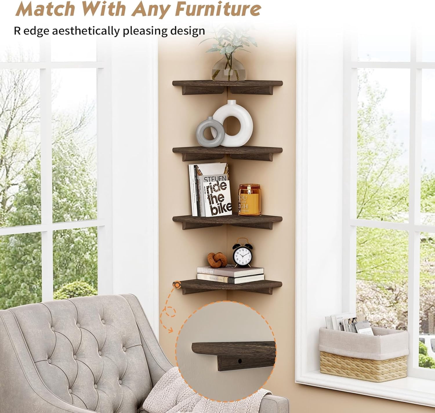 Floating Corner Shelves for Wall Set of 4, Small Corner Bookshelf for Bedroom Books, Round Wooden Corner Shelf Wall Mount for Bathroom Plants, Kitchen, Living Room Decor (Dark Brown)