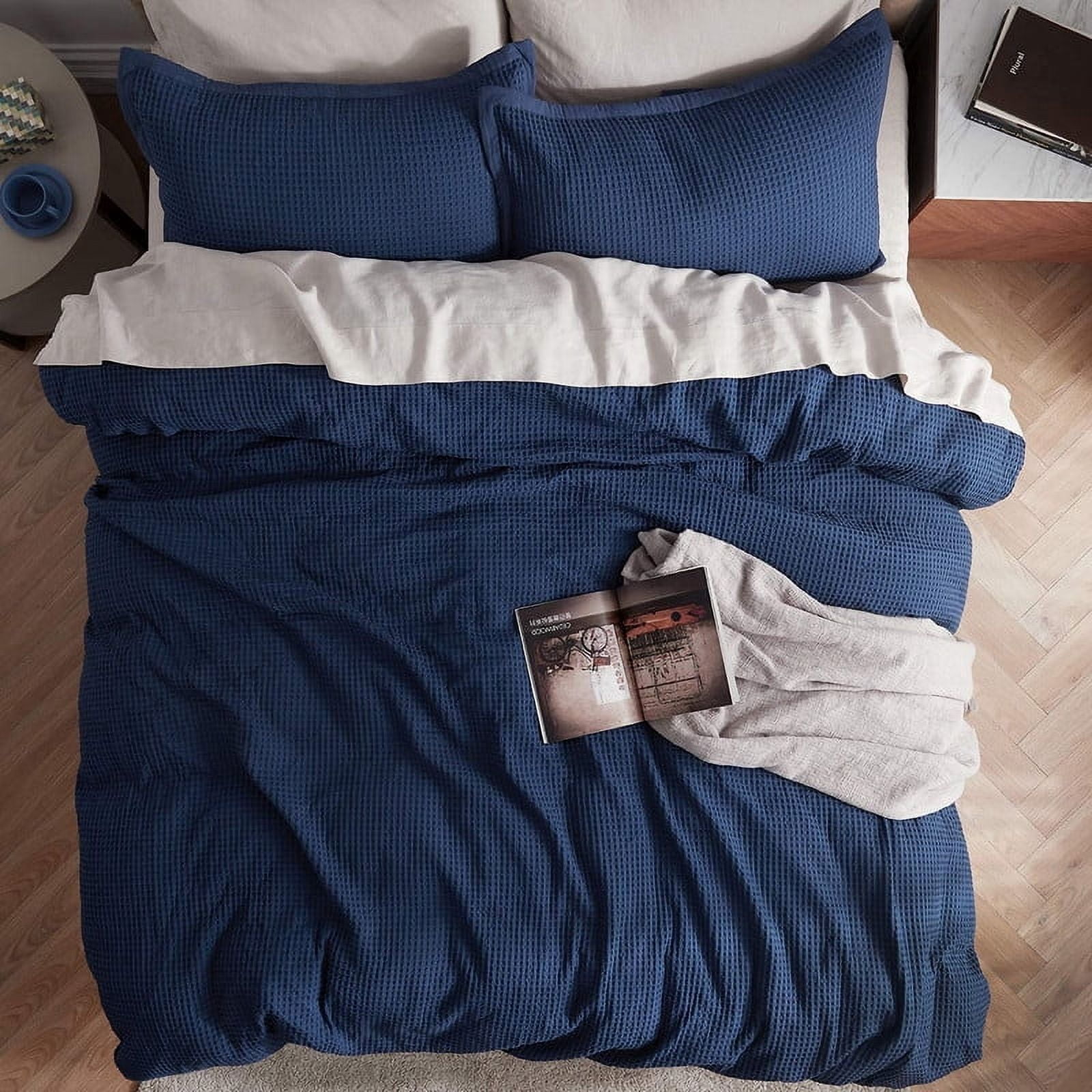Pavish Export Waffle Cotton Duvet Cover In Navy Blue 100% Cotton Waffle Weave Bedding Set with 2 Pillow Shams Comforter and Quilt Cover Queen