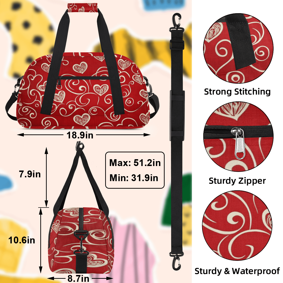 Herdesigns Red Sports Duffle Bags Travel Duffle Bag Gym Bag Heart Weekender Travel Bag Waterproof Overnight Bag Carry On Travel Tote Bag Dance Bags