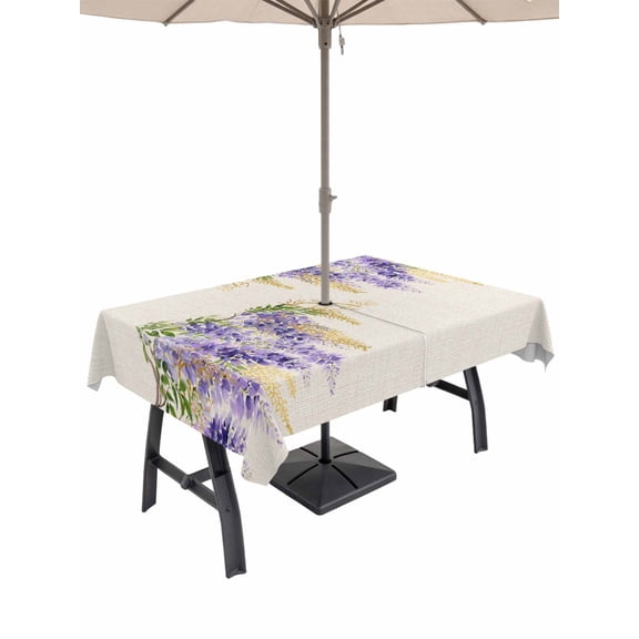 Outdoor Tablecloth with Umbrella Hole for Patio/Picnic/Party/Camping, Purple Weeping Floral Waterproof Table Cloth Rectangle Table Cover Washable, Spring Summer Pastoral Flowers Rustic (60"x 84")