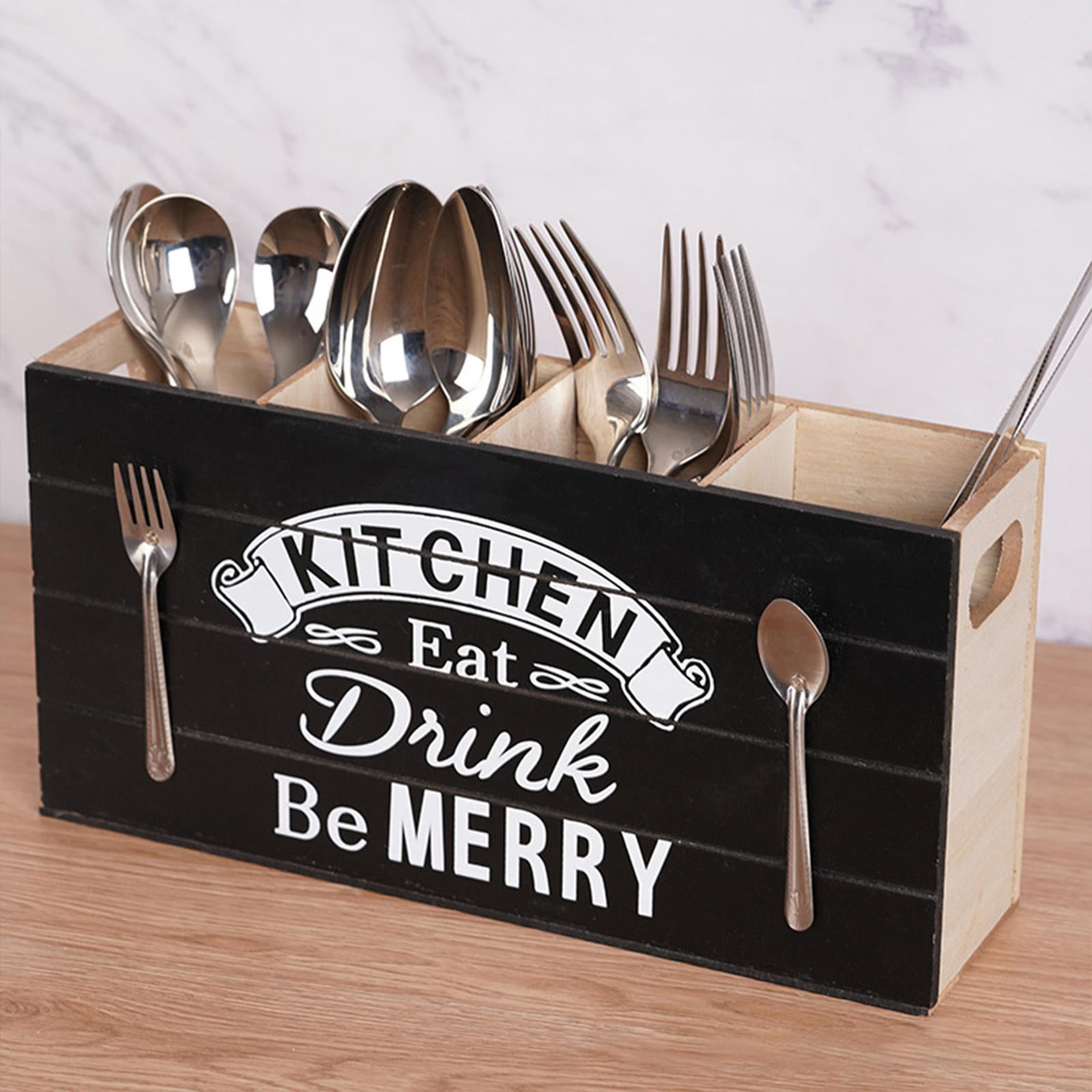 Fiocias Multifunction Wood Kitchen Cutlery Holder 4 Compartments Utensil Caddy Organizer