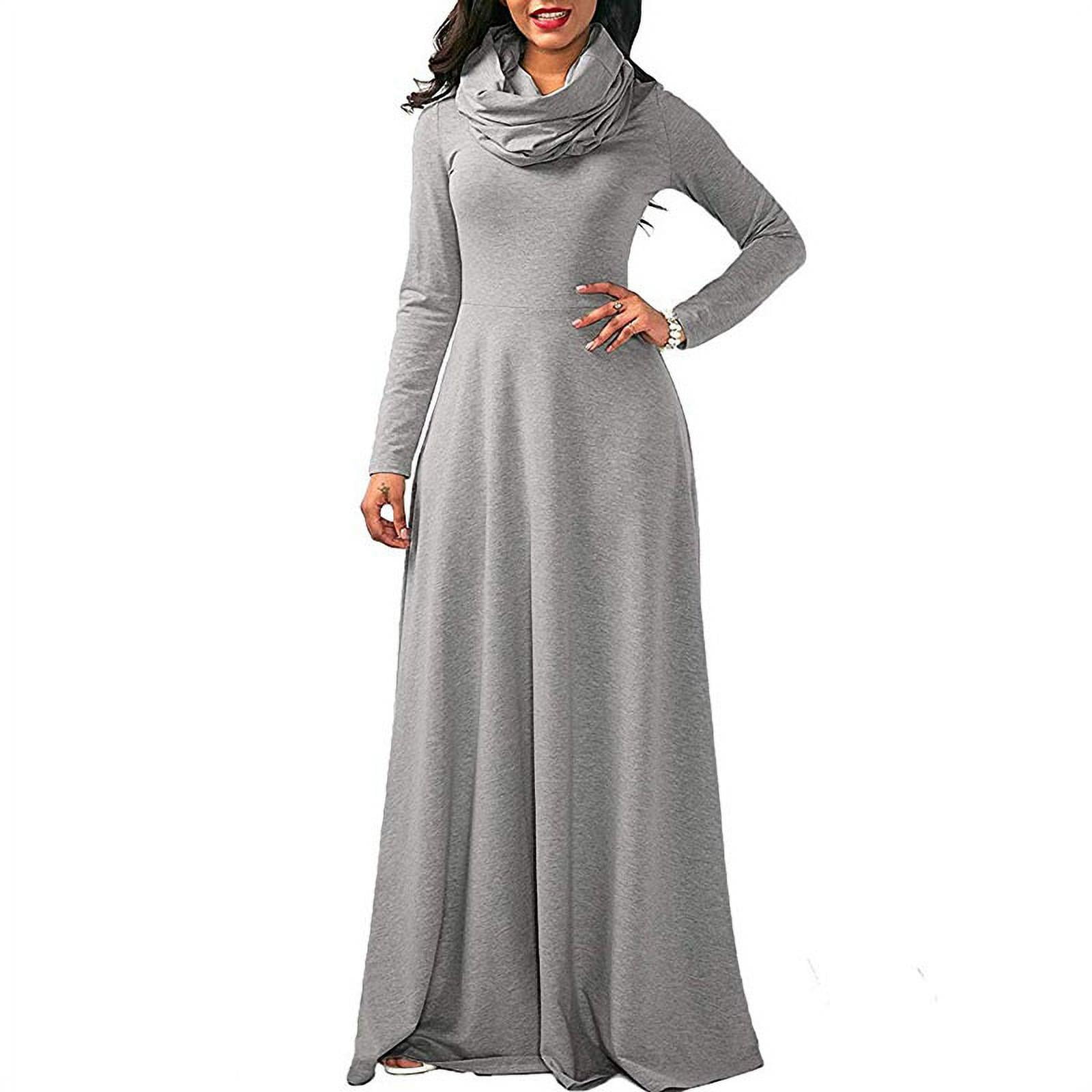 Casual Solid Maxi Dress for Women,Fall Winter Round Neck Long Sleeve A-Line Dress Loose Flowy Pleated Pocket Dress 