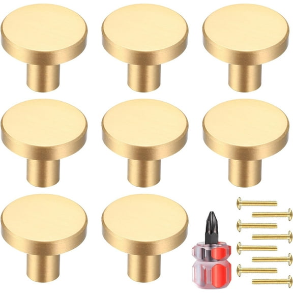 YUXNET Gold Cabinet Knobs, 8 Pcs Brushed Brass Round Kitchen Cabinet Hardware Pulls Knobs Gold for Dresser Drawer Cupboard Furniture Closet Wardrobe Door Knobs Handles, with Screwdriver, 28x20 mm Gold